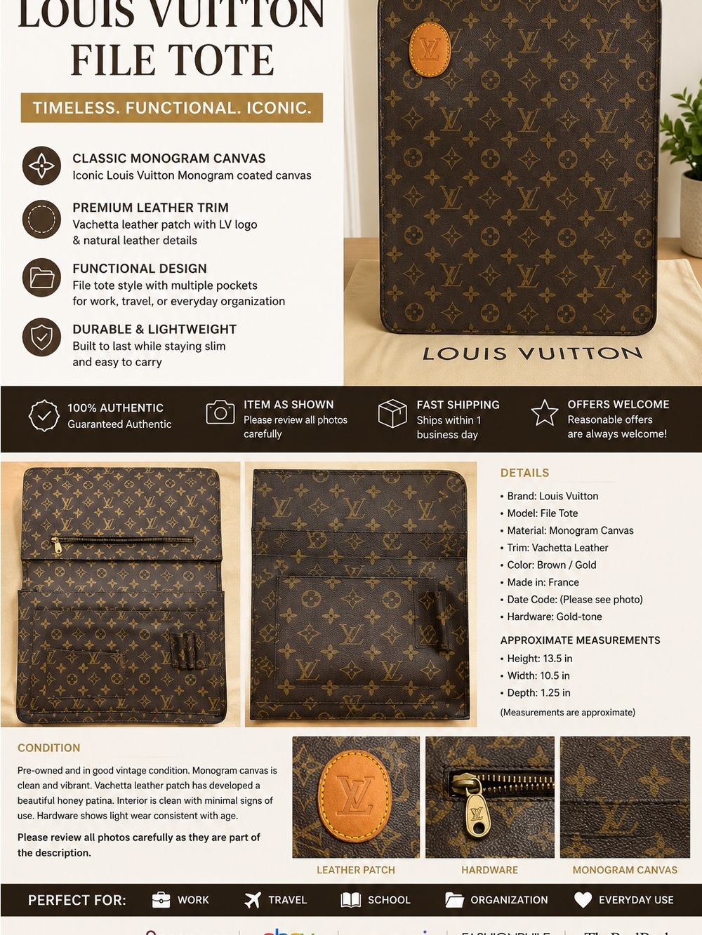 Authentic Louis Vuitton Monogram File Portfolio / Document Organizer